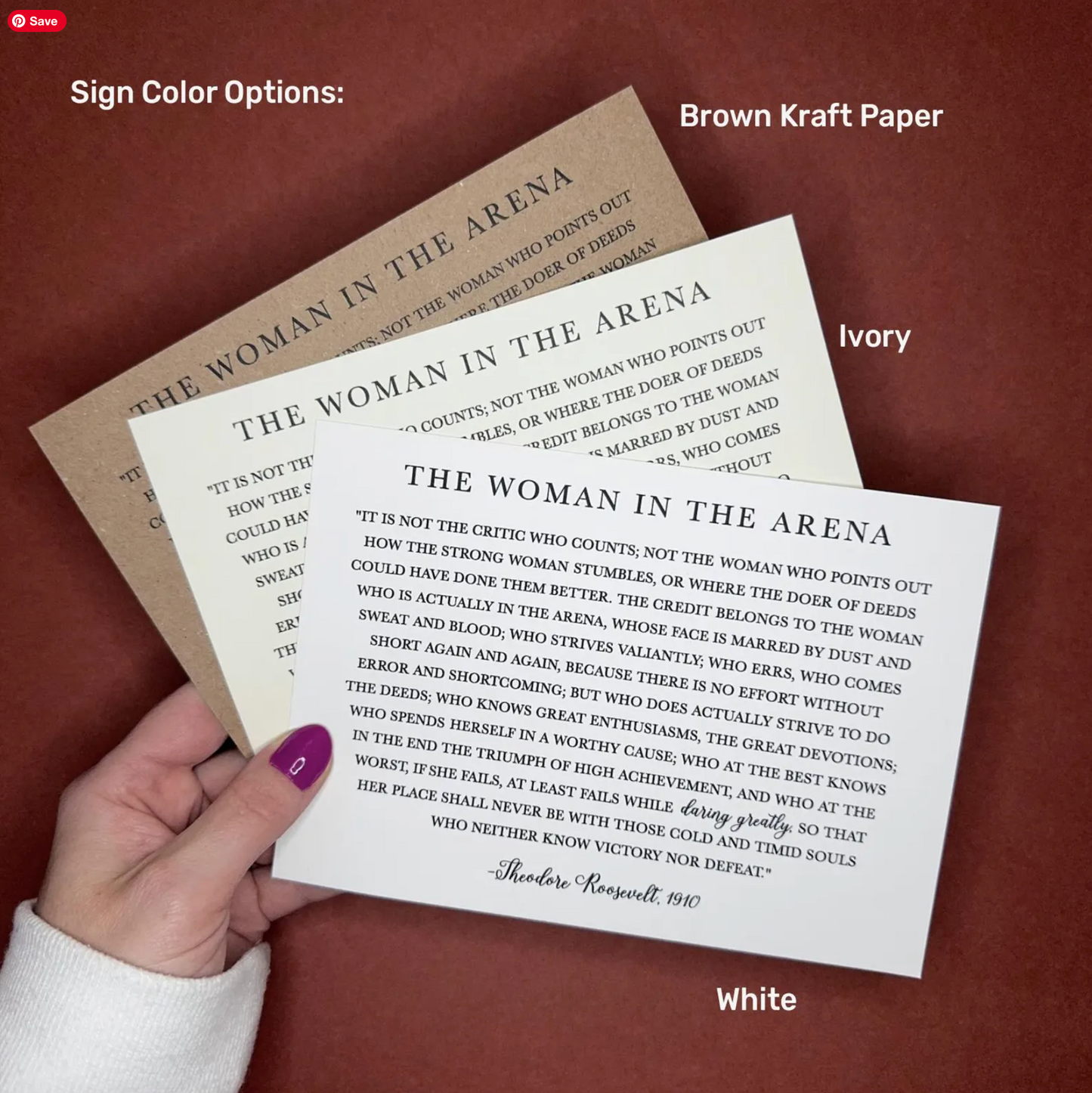 The Woman in the Arena Sign - Theodore Roosevelt Quote - Sign Decor - Daring Greatly Inspirational Sign - 5"x7" or 8"x10" Physical Signs