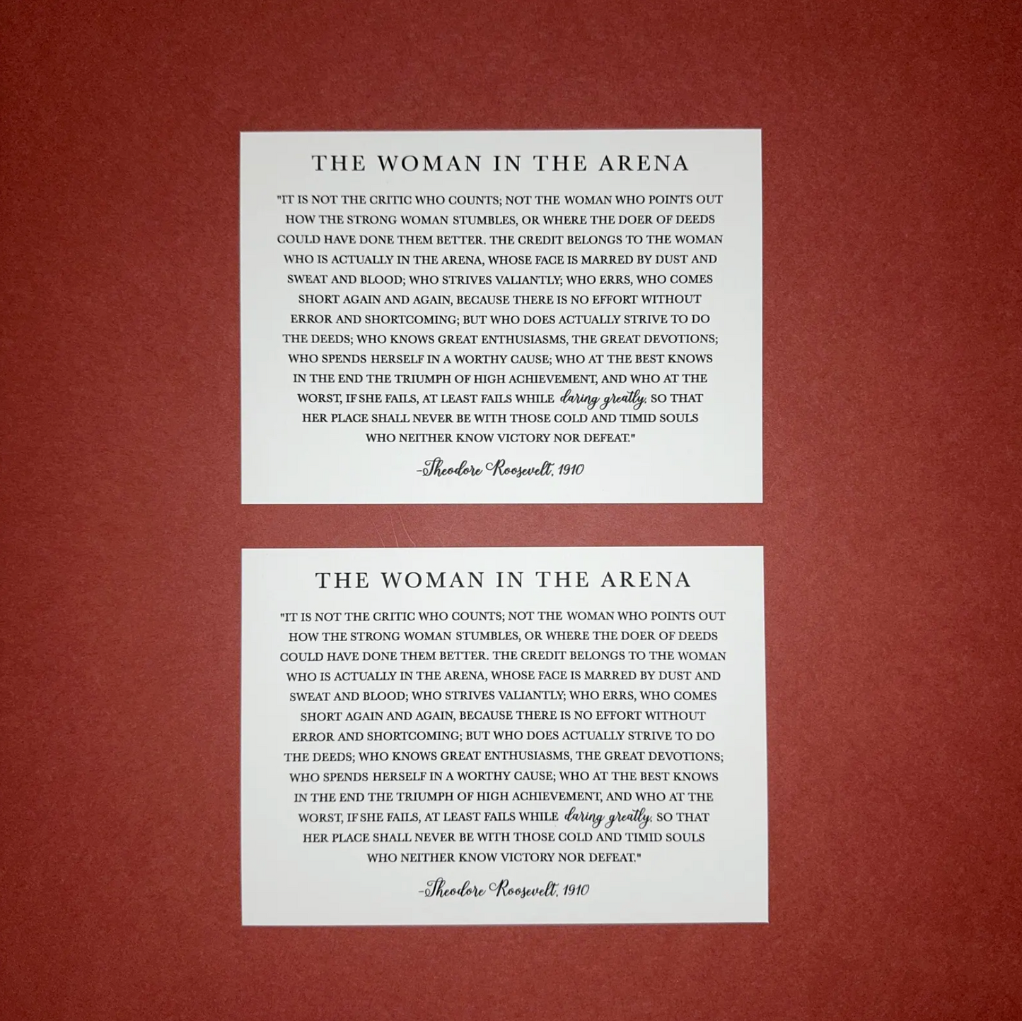 The Woman in the Arena Card - Theodore Roosevelt Quote - Flat Card - Daring Greatly Inspirational Card - Pick Card Color - 1910 - For Her