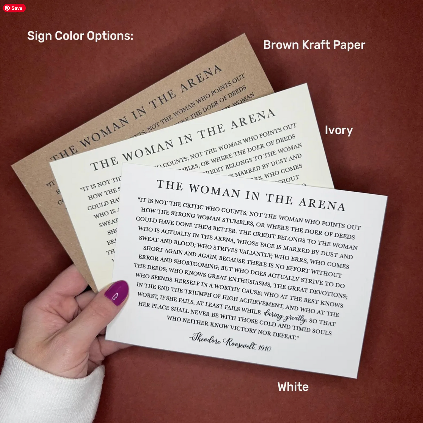 The Woman in the Arena Sign - Theodore Roosevelt Quote - Sign Decor - Daring Greatly Inspirational Sign -  5"x7" or 8"x10" Physical Signs