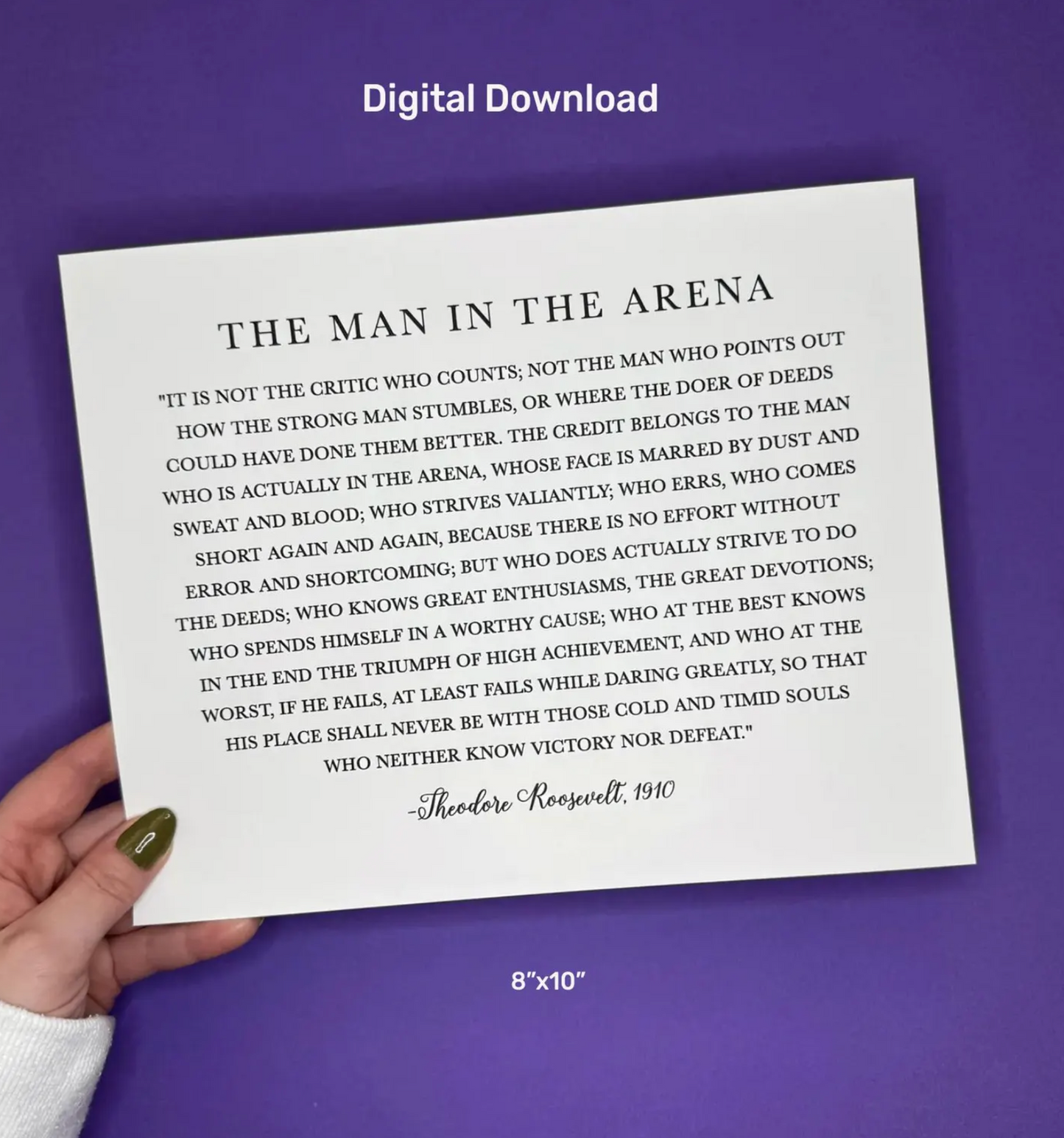 The Man in the Arena Print- Theodore Roosevelt Quote - Daring Greatly Inspirational - Home Decor - DIY Signs - Digital File